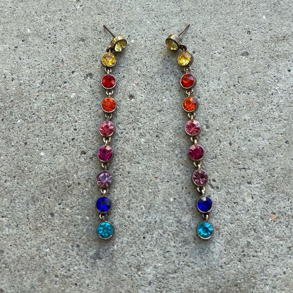 Vintage Crystal Drop Dangle Strand Quality Earrings Rainbow with 9 Stones Sz 4”